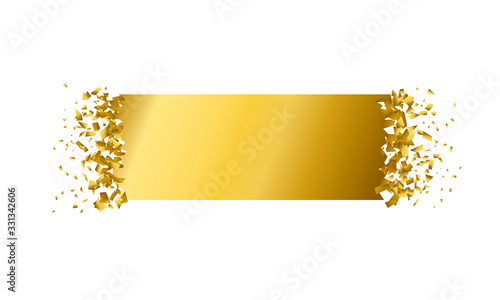 exploding rectangle with debris. Isolated gold rectangle on white background. Concept, template for sale. 3d effect of particles. Vector illustration EPS 10