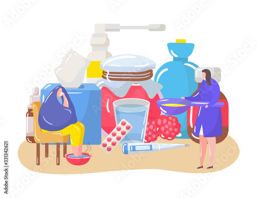 Home treatment set of vector illustrations of people suffering from cold, virus, flu and taking care of health at home. Woman prepares homemade treatment for sick man, herbal tea and cough solution.