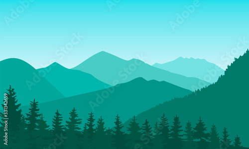 Fototapeta Naklejka Na Ścianę i Meble -  Vector illustration of a mountain landscape with a forest. Flat cartoon green color illustration for hike, track, camp. Outdoor and hiking concept. Template with mountains and trees silhouette.
