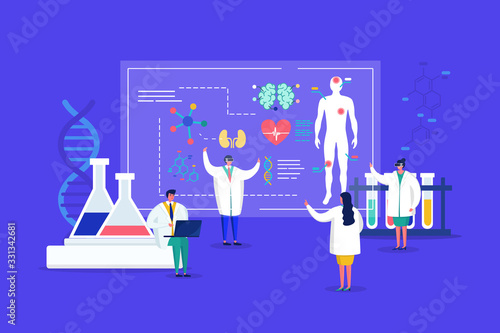 Innovative lab tiny people medics in 3d glasses conduct research, analyze human organs on sqreen medical discovery for health care vector illustration. Innovation in medicine, innovatory laboratory.