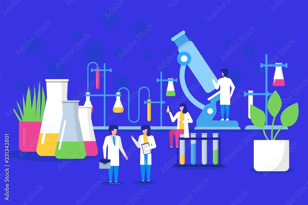 Laboratory research and science chemistry technology, mini people scientists working in laboratory with chemical flasks vector illustration. Medical tests and experiment lab research.