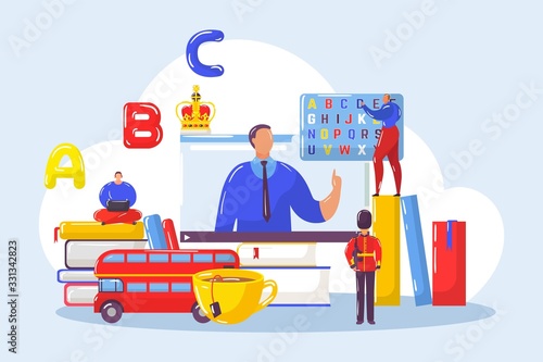 Learning english foreign languages with teacher online with students vector illustration. Webinar on learning foreign languages. Englishman figurine, dictinaries, alphabet and symbols of England.