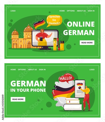 Learning german language online with teacher, education in your telephone vector illustration. Webinar on learning Germany and germanic languages. German dictinary and flag webpage templates set.