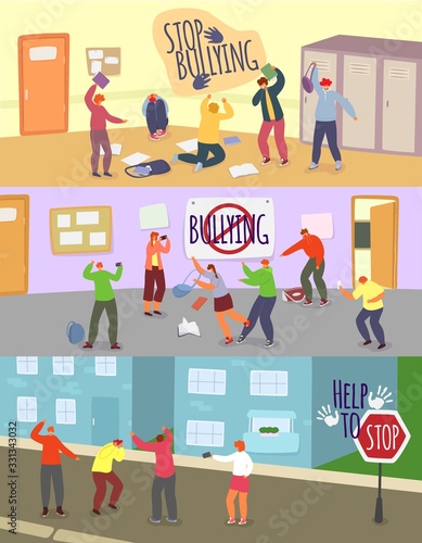 School children bullying vector illustrations. Cartoon angry boy girl teenager mocking unhappy schoolmate, sitting on floor. Teen taking mockery photos on smartphone. Victim stress, stop bully problem