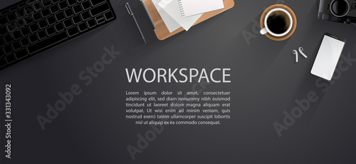 Top view of modern workspace with office supplies on black table, Vector illustration