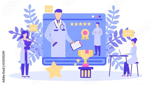 Doctor with best rating prize award vector illustration. Choosing top rated best doctor with highest five star scores reviews. Health care, medical clinic or hospital and people staff isolated banner.