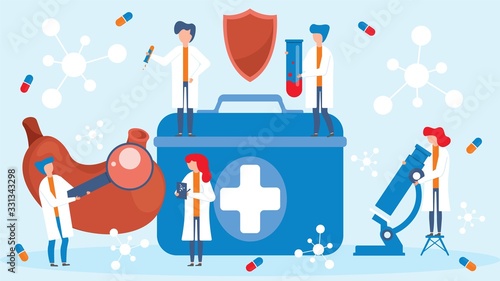 Drugs research in science laboratory, people group teamwork vector illustration. Men and women test drugs medications to treat stomach diseases. Microscope, magnifying glass, first aid kit.