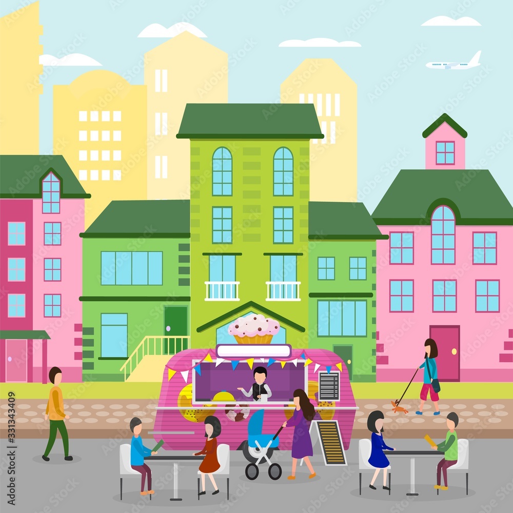 Food truck with sweets and walking people on city street, vector illustration. Seller at food truck offers to buy desserts snacks. Couples sitting at tables. Buildings, houses.
