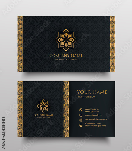 Luxury business card with gold vintage floral ornamental logo and place for text