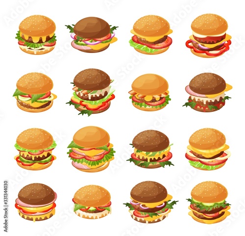 Isometric burger vector illustration set. 3d cartoon fresh different hamburgers with various bread, cutlets for fast food cafe menu, double or triple cheeseburger, fastfood icon set isolated on white