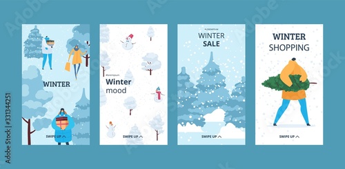 Winter stories for social media new year vector illustration collection set vertical banner. People in winter with gifts, Christmas tree. Nature, snowman, mood, shopping and sale.
