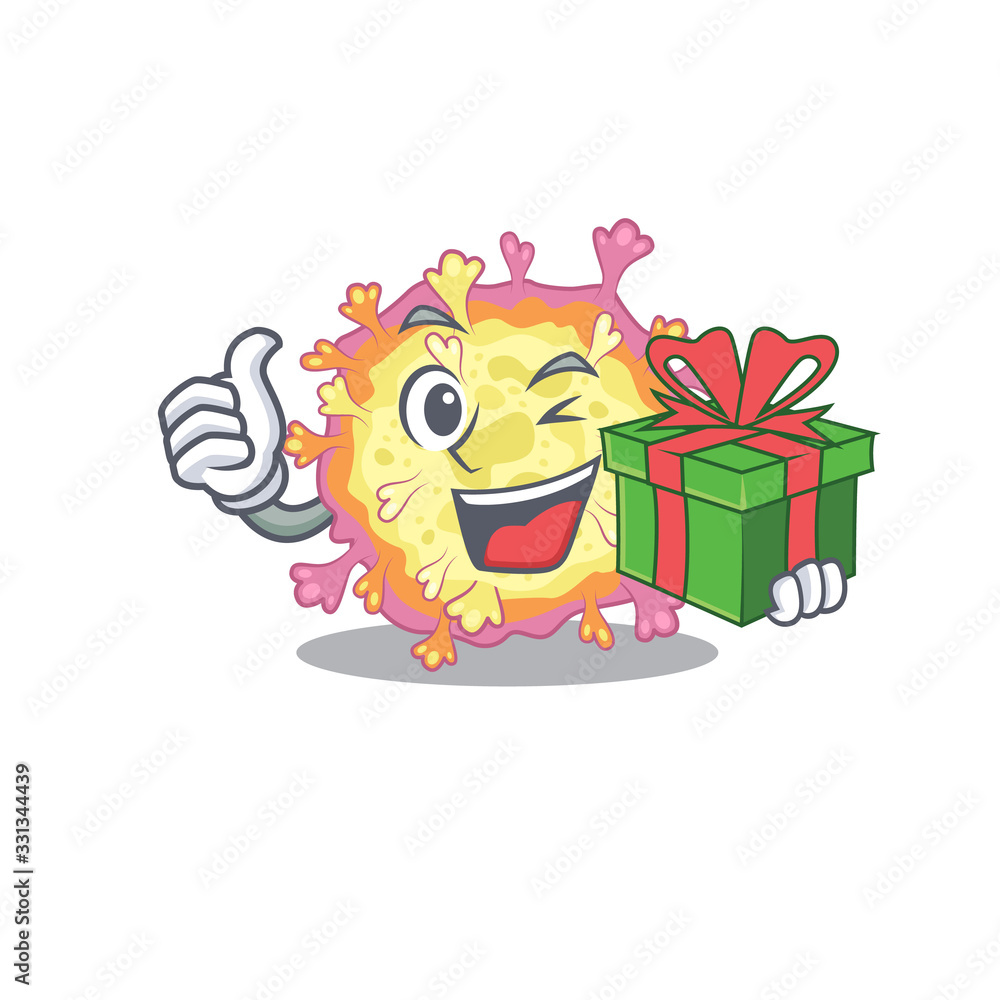 Fototapeta premium Smiley coronaviridae virus cartoon character having a gift box
