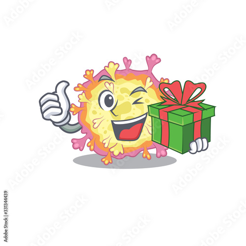 Smiley coronaviridae virus cartoon character having a gift box