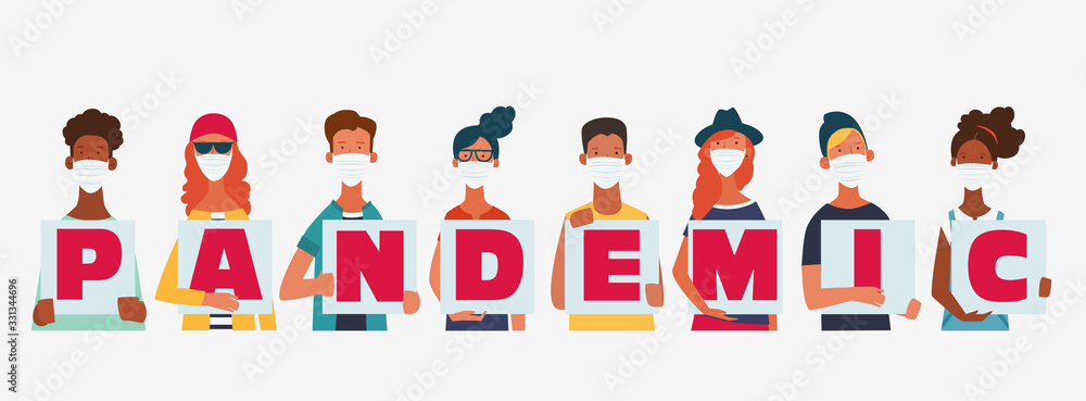 Group of people in white medical masks. Concept of corona virus quarantine vector illustration Group of people in white medical masks. Concept of corona virus quarantine vector illustration