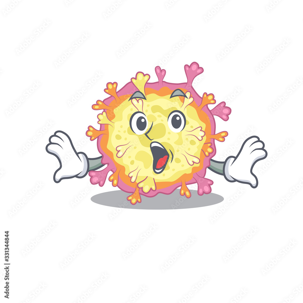 A cartoon character of coronaviridae virus making a surprised gesture A cartoon character of coronaviridae virus making a surprised gesture