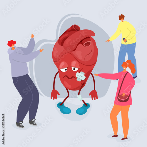 Bullying vector illustration, people tease cartoon unhappy heart with wounds. Group of bully teenagers guys and girl aggressors point fingers and laugh at unhappy heart. Stop bullying concept.