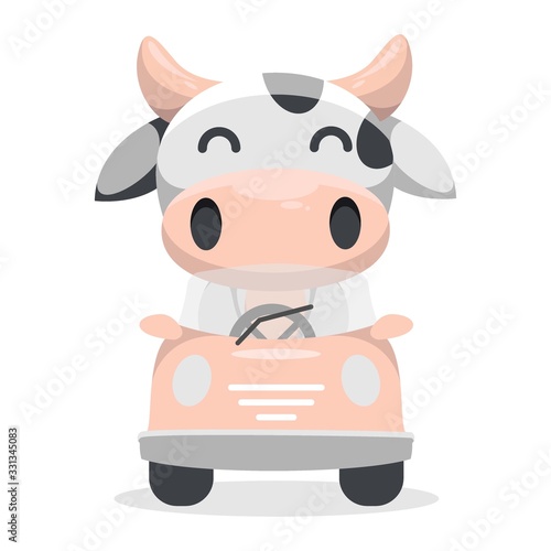 cute cow driving car mascot cartoon