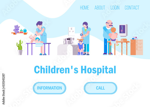 Doctors for children in hospital or medical clinic vector illustration set website. Different doctors baby masseur, ophthalmologist, osteopath working in kids hospital. Internet page banner.