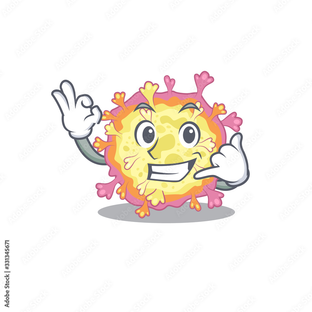 Coronaviridae virus mascot cartoon design showing Call me gesture