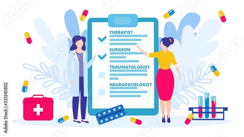 Patient chooses doctor at medical clinic, hospital vector illustration isolated banner. Doctor helps woman with choice of specialist therapist, surgeon. First aid, drugs, test tubes, clipboard.