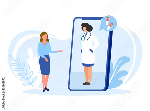 Doctor online vector illustration isolated. Female doctor consults patient online from smartphone screen and advises drugs pills for treatment. Health care, medical assistance remotely via internet.