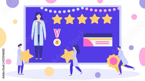 Doctor winner with best rating awarded medal prize vector illustration. Top doctor woman with 5 star scores reviews. People staff colleagues team. Healthcare isolated banner.