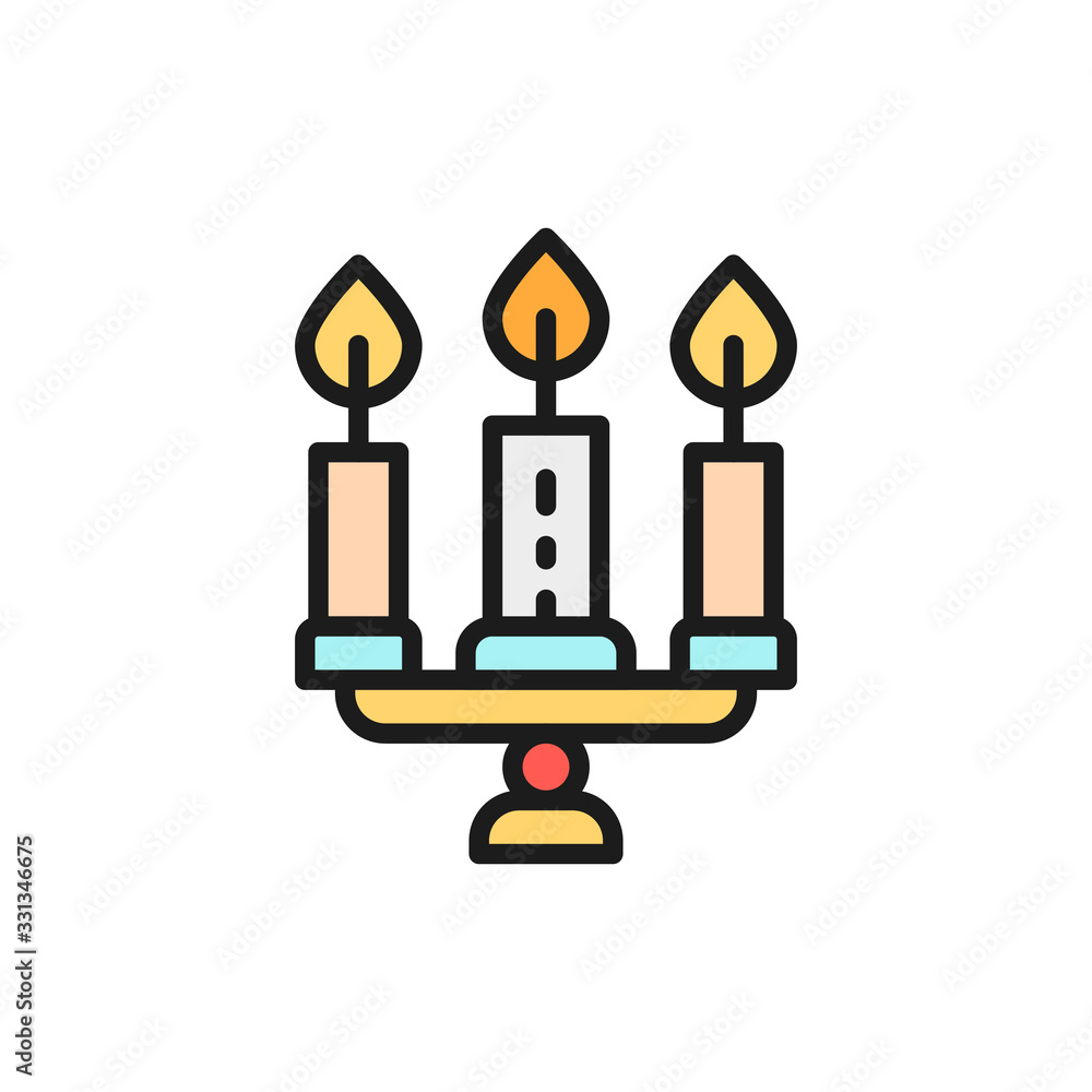 Candlestick, chandelier with candles flat color line icon. Candlestick, chandelier with candles flat color line icon.