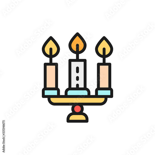 Candlestick, chandelier with candles flat color line icon.