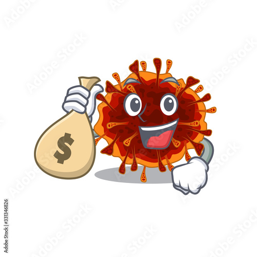 Smiley rich delta coronavirus cartoon character bring money bags