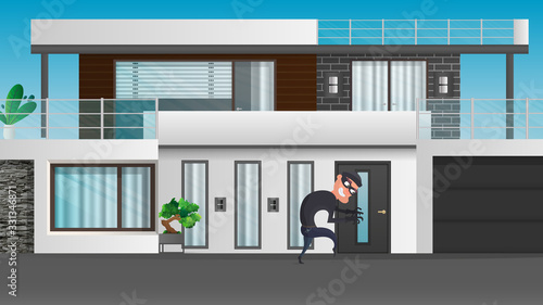 A thief sneaks into the house. The robber is trying to crack the door. Sign of robbery. Security concept. Vector illustration.