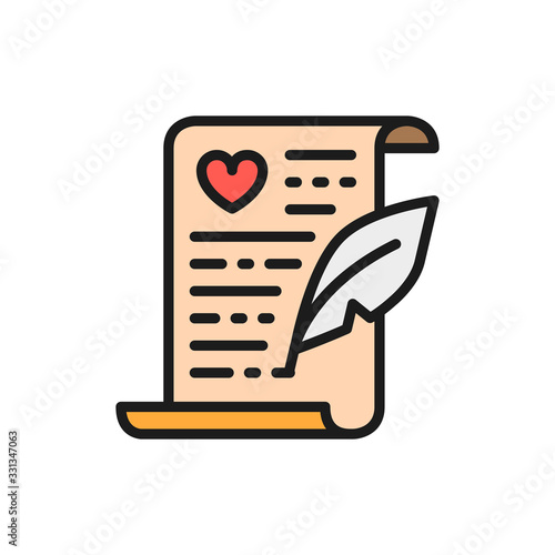 Wedding certificate, marriage contract flat color line icon.
