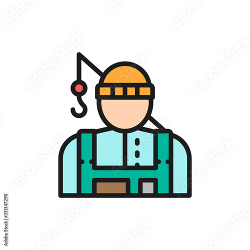 Fisherman with fishing rod flat color line icon. © Studicon