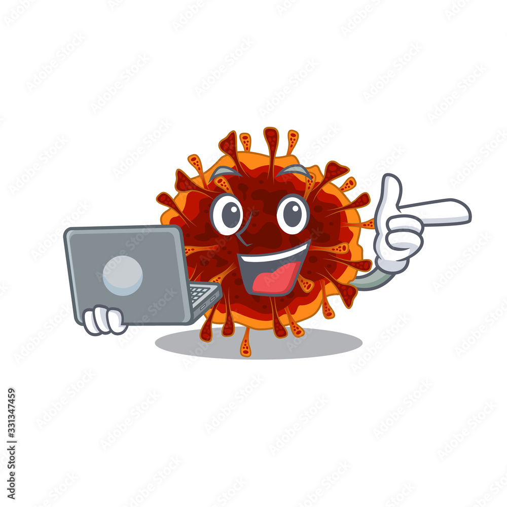 An icon of smart delta coronavirus working with laptop An icon of smart delta coronavirus working with laptop