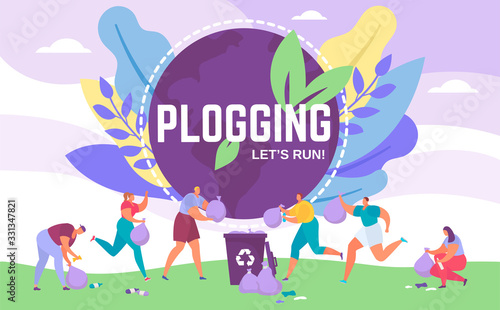 Fototapeta Naklejka Na Ścianę i Meble -  Plogging banner lets run to clear the world, vector illustration of people picking up litter during plogging eco marathon. Recycle while jogging eco activists movement for ecology protection.