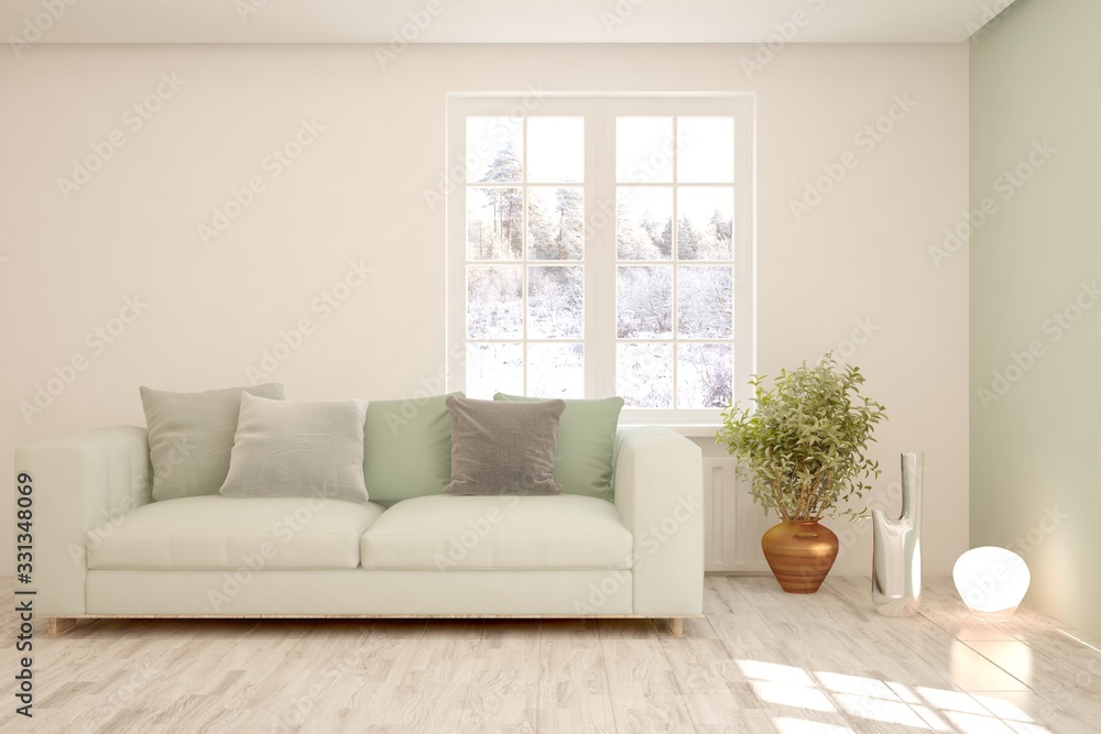 Modern living room in white color with sofa and winter landscape in window. Scandinavian interior design. 3D illustration Modern living room in white color with sofa and winter landscape in window. Scandinavian interior design. 3D illustration
