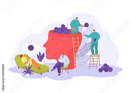 Psychologist help for people, mental and emotional problems in psychotherapy vector illustration isolated on white. Psychotherapy counseling helping for psychological problems, depression and health.