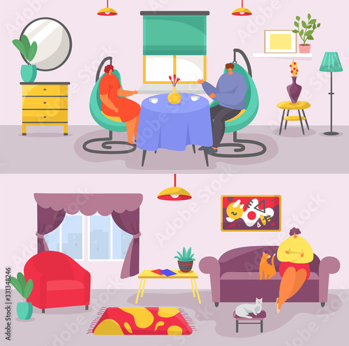Living room interior concept with modern furniture banners set flat vector illustration. Couple sitting in armchairs at table, woman on sofa with cats in her living room, house appartment with window.