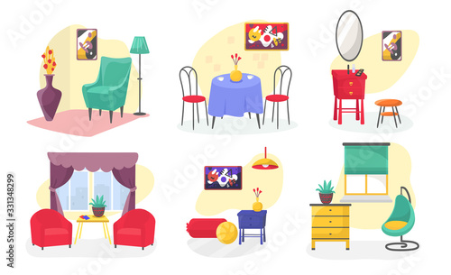 Room furniture modern interior set cartoon vector illustrations isolated on white. Armchairs, table, sofa, and commode in living room, house appartment with window collection.