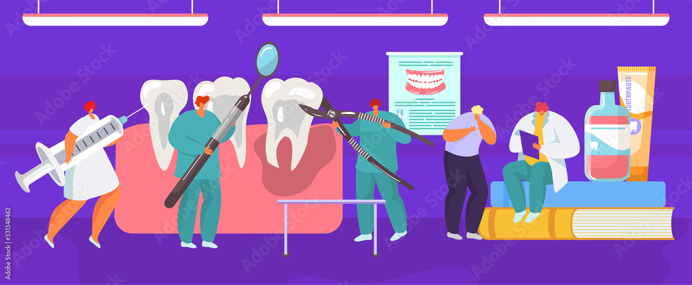 Tooth extraction dental medical prosedure by dentist surgeon, mouth anatomy cartoon vector illustration. Tooth removal procedure, dental surgery and tiny people in dentistry concept.