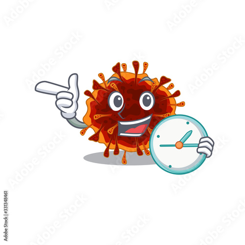 Cheerful delta coronavirus cartoon character style with clock