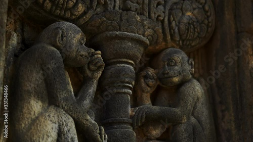 Details of Parambanan hindu temple, monkies, lions, concrete structures, Java Indonesia