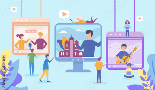 Video in internet online vector illustration of young people using laptop and tablet to watch live video streaming, social media technologies. Mini people and multimedia, televison.