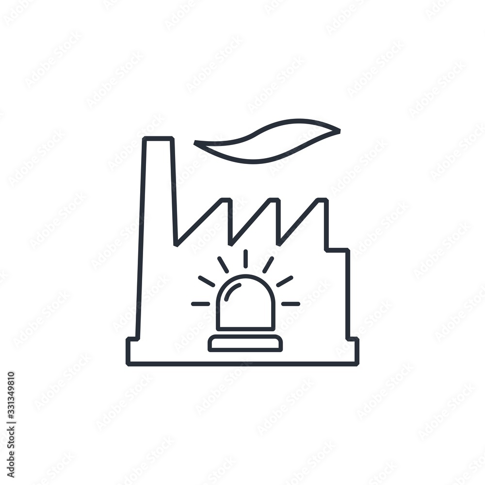 Factory and danger signal. Crash , problems at manufacture. Vector linear icon on a white background. Factory and danger signal. Crash , problems at manufacture. Vector linear icon on a white background.