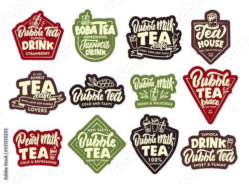 Set of vintage Bubble tea emblems stickers, patches. Food badges on white background isolated.