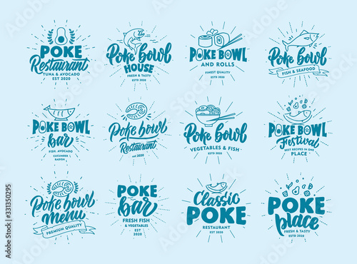 Set of vintage Poke bowl emblems and stamps. Fish bar badges, stickers on blue background with rays.