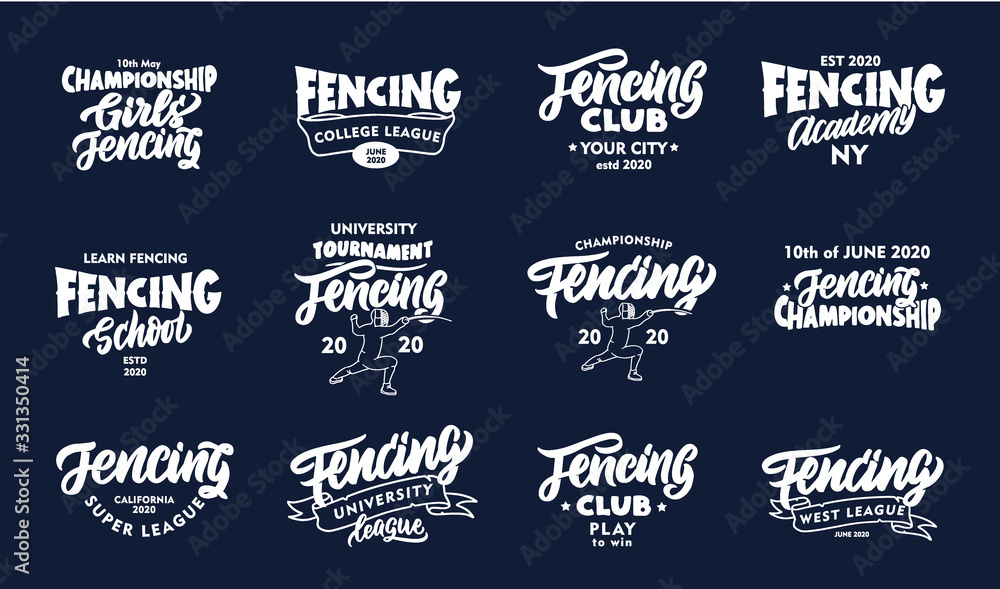 Set of vintage Fencing emblems, phrases. White badges, stickers on blue background isolated.