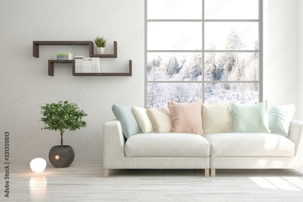 White interior design with furniture. 3D illustration