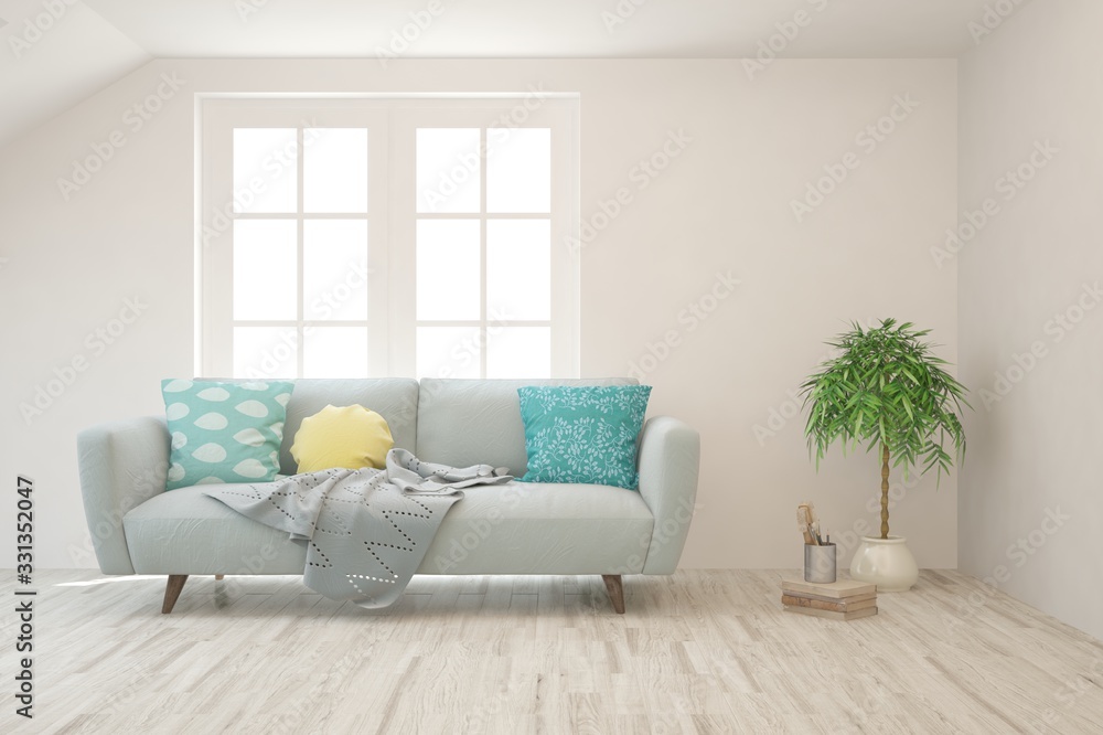 Fototapeta premium White living room with sofa. Scandinavian interior design. 3D illustration