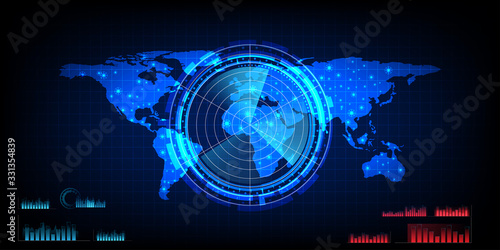 world map with a radar screen,digital blue radar with targets and world map using as background and wallpaper
