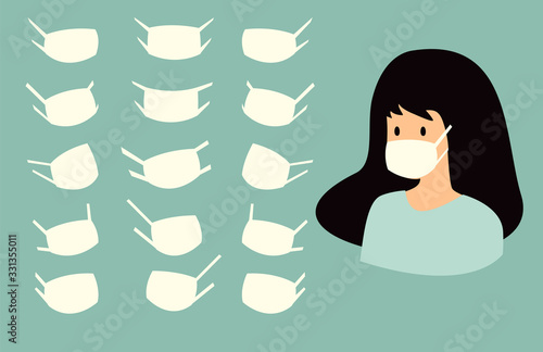 Medical masks template collection vector illustration. Stop coronavirus masks for your design, people. Coronavirus epidemic concept.Layered medical masks for nose and mouth for different view faces